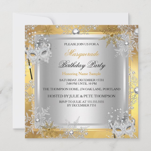 Invitación Mascarada de oro copos de nieve Máscaras de plata  (Anverso)