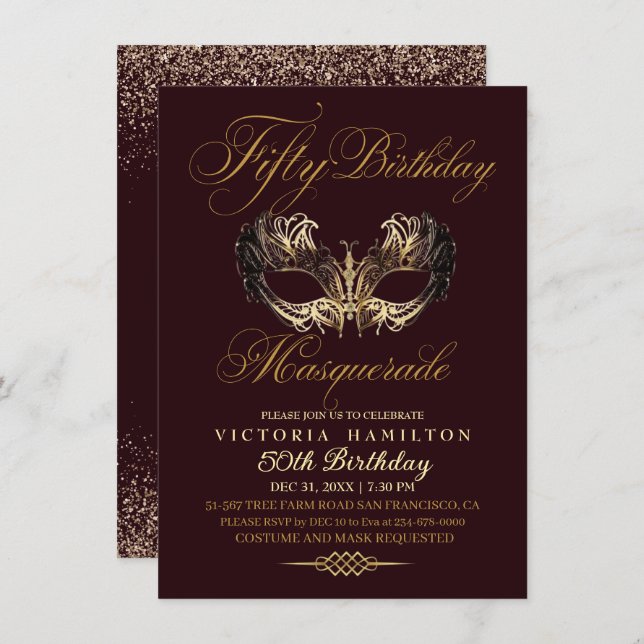 Invitación Mascarada de oro Cumpleaños Máscara de Borgoña (Anverso / Reverso)