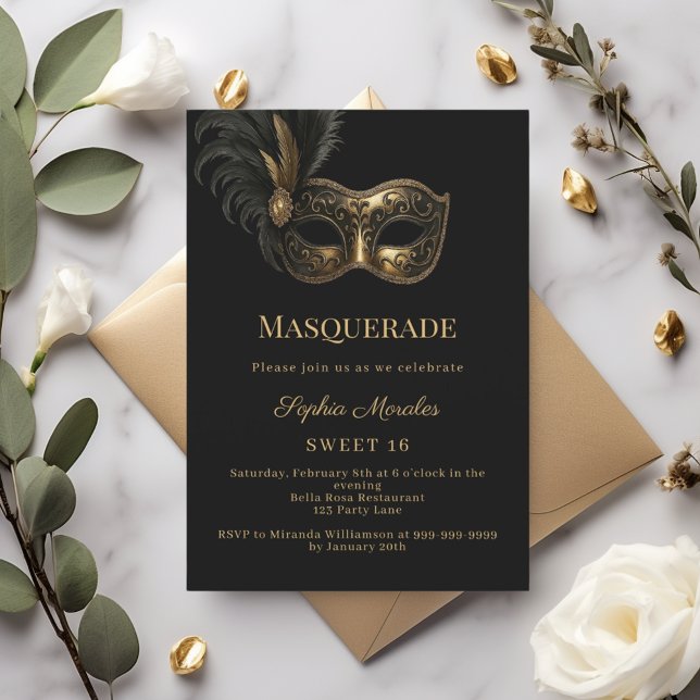 Invitación Mascarada de oro negro Cumpleaños Dulces 16 (Subido por el creador)