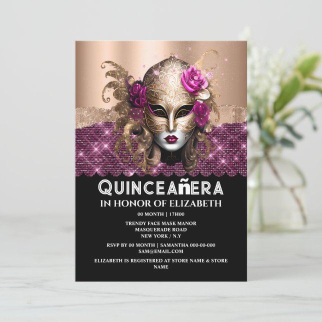 Invitación mascarada de oro Rosa máscara de cumpleaños Quince (Anverso de pie)