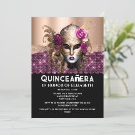 Invitación mascarada de oro Rosa máscara de cumpleaños Quince