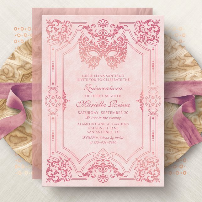 Invitación Mascarada de oro rosado Quinceanera (Subido por el creador)