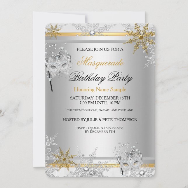 Invitación Mascarada de oro Snowflakes Fiesta 2 máscaras de p (Anverso)