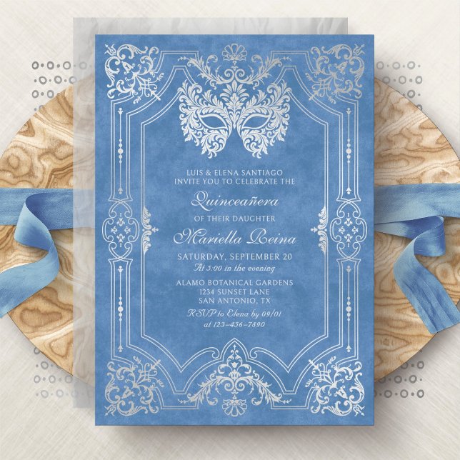 Invitación Mascarada de plata azul Quinceanera (Subido por el creador)