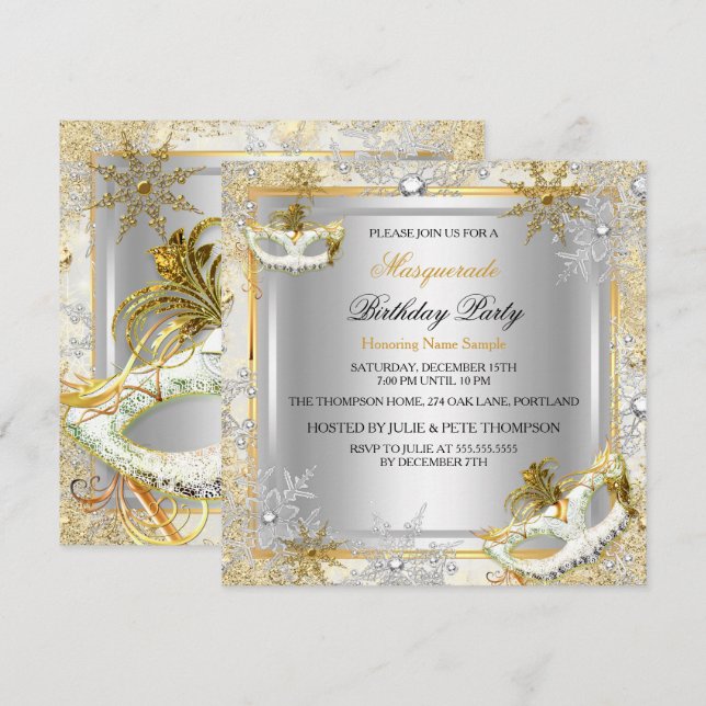 Invitación Mascarada de plata dorada Máscaras de nieve Fiesta (Anverso / Reverso)