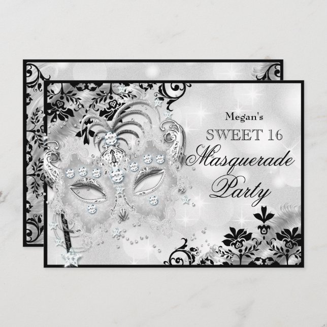 Invitación Mascarada de plata dulce 16 Jewel Mask & Damask (Anverso / Reverso)