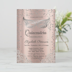 Invitación Mascarada de Plata, Rosa de Encaje Quinceañera de
