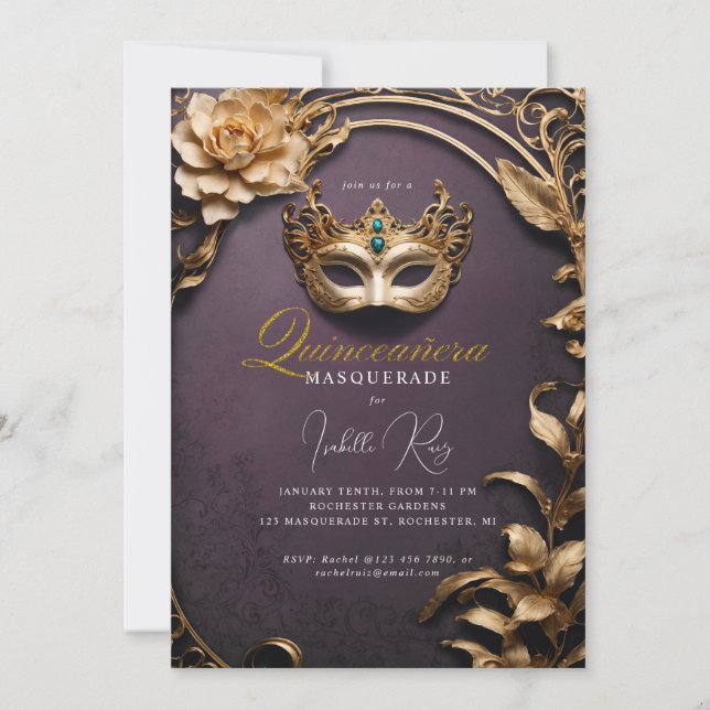 Invitación Mascarada de Quinceañera (Anverso)