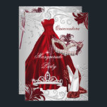 Invitación Mascarada de vestido de plata borgoñona máscara Qu<br><div class="desc">Invitación a la Quinceañera de Borgoña y Plata. Bonito Rojo vestido de Borgoña y tacones brillantes con tiara y máscara de plata. Todas las imágenes planas no tienen joyas reales.</div>