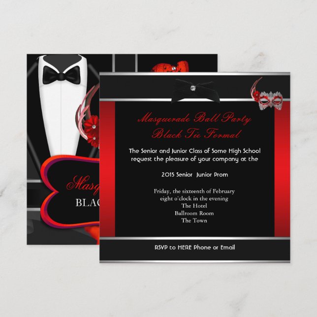 Invitación Mascarada del baile de secundaria del colegio negr (Anverso / Reverso)