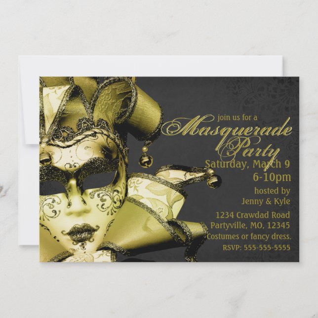 Invitación Mascarada del Mardi Gras de oro cepillado (Anverso)
