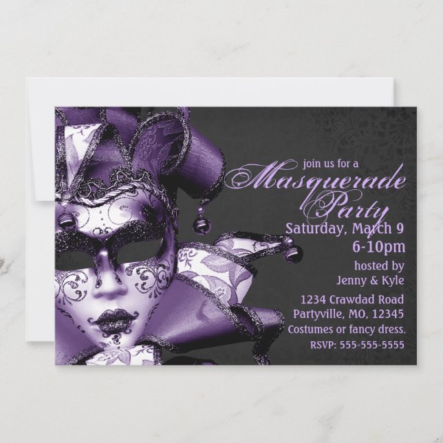 Invitación Mascarada del Mardi Gras Morado (Anverso)