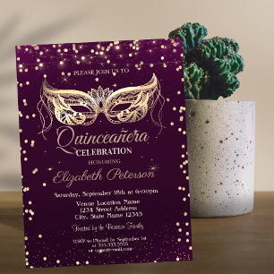 Invitación Mascarada,Diamantes,Luces Violet Quinceañera