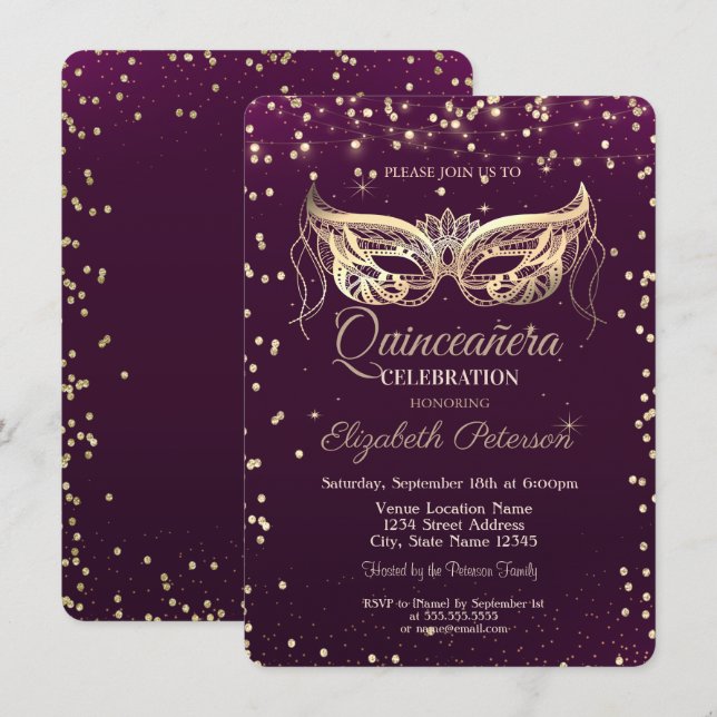 Invitación Mascarada,Diamantes,Violeta Luces Quinceañera (Anverso / Reverso)
