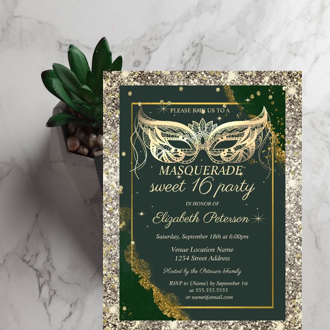 Invitación Mascarada dorada brillo verde Dulces 16  (Subido por el creador)