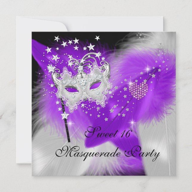 Invitación Mascarada dulce 16 máscara de piel morada blanca (Anverso)