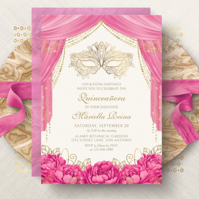 Invitación Mascarada elegante y rosa caliente Quinceanera (Subido por el creador)