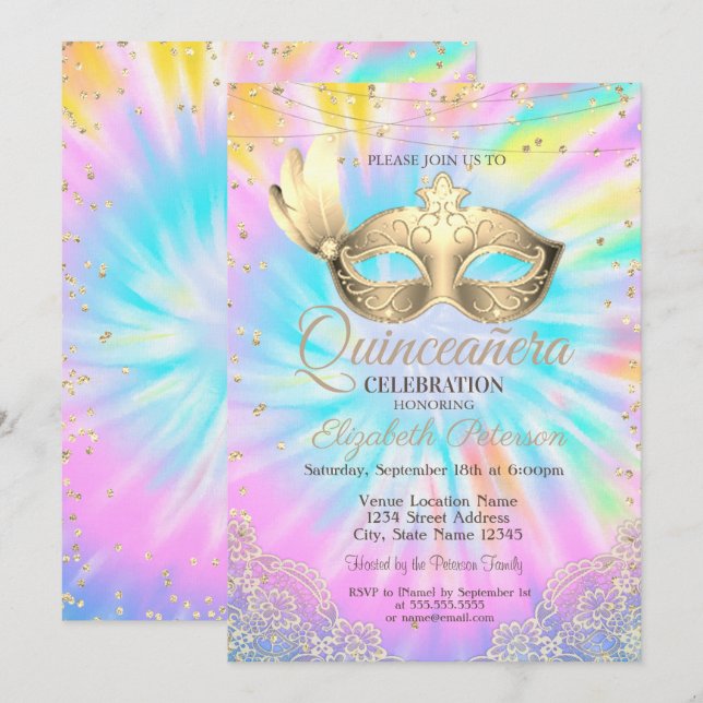 Invitación Mascarada, Encaje, Corbata de Diamantes Tie Dye Qu (Anverso / Reverso)