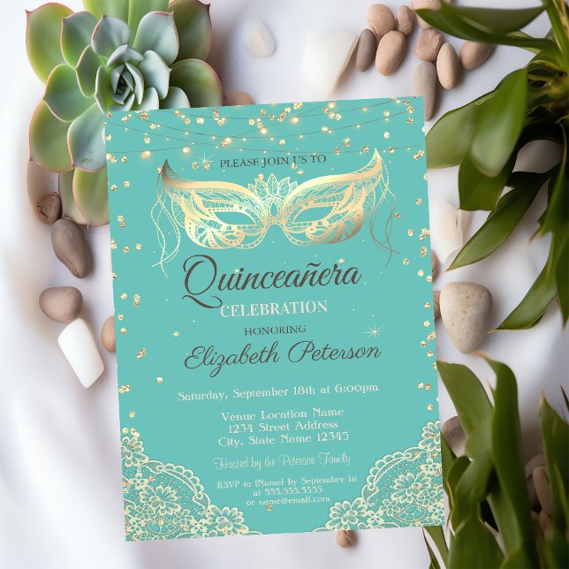 Invitación Mascarada, encaje, diamantes de la menta verde qui (Subido por el creador)