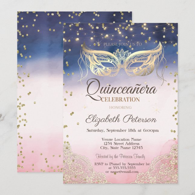 Invitación Mascarada, encaje, diamantes Ombre Quinceañera (Anverso / Reverso)
