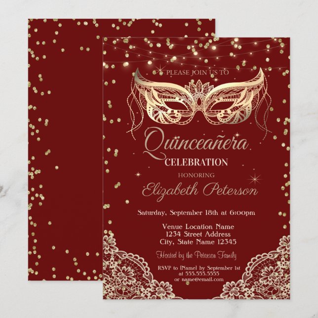 Invitación Mascarada, encaje, diamantes Quinceañera (Anverso / Reverso)