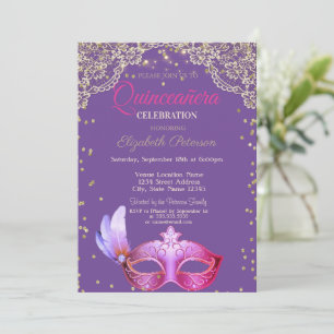 Invitación Mascarada, Encaje, Diamantes Quinceañera
