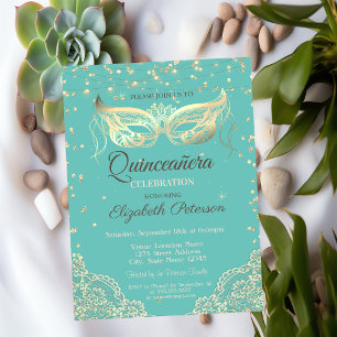 Invitación Mascarada, Encaje, Diamantes Quinceañera Verde Men