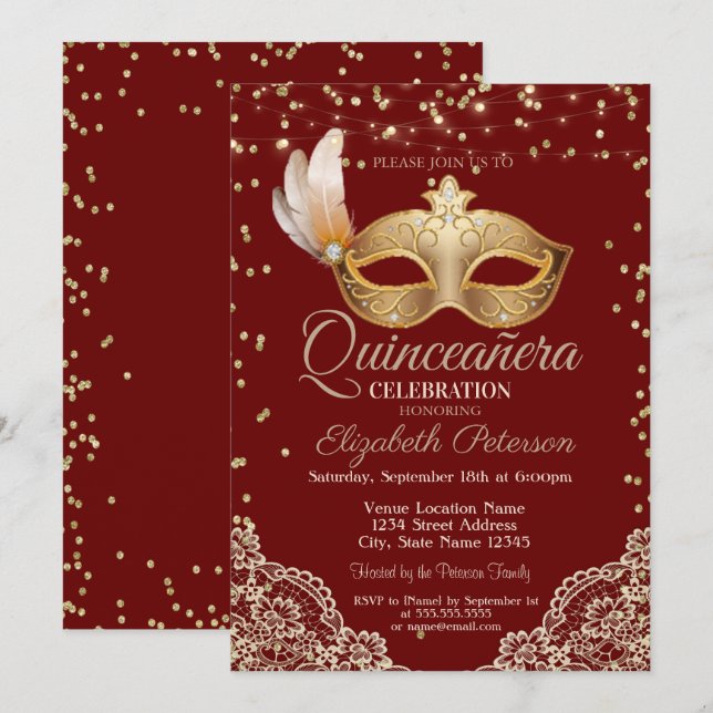 Invitación Mascarada, encaje, diamantes Red Quinceañera (Anverso / Reverso)