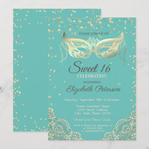 Invitación Mascarada, Encaje, Diamantes Verde Menta Dulces 16