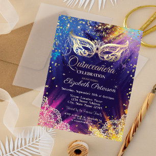 Invitación Mascarada, encaje, pinta salpicar Quinceañera