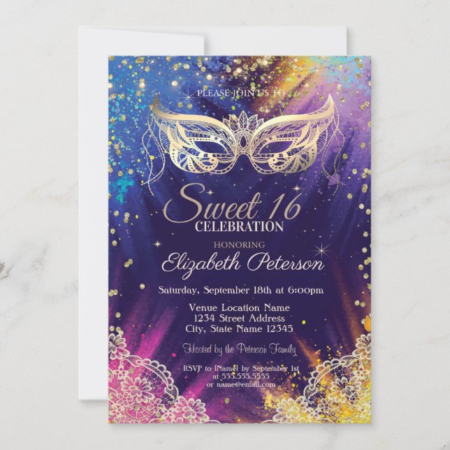 Invitación Mascarada, Encaje, Salpicadura de Pintura Dulces 1 (Anverso)