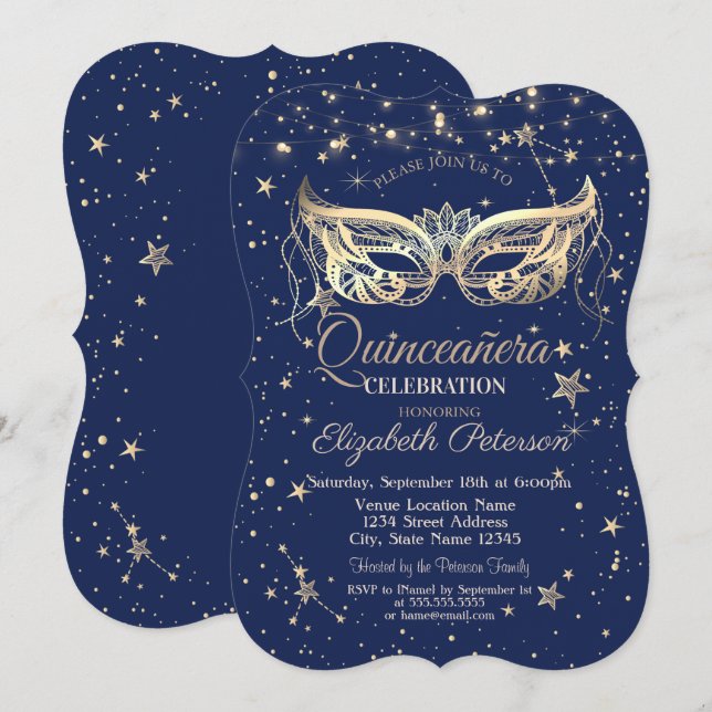 Invitación Mascarada, Estrellas Azul de la Marina Quinceañera (Anverso / Reverso)
