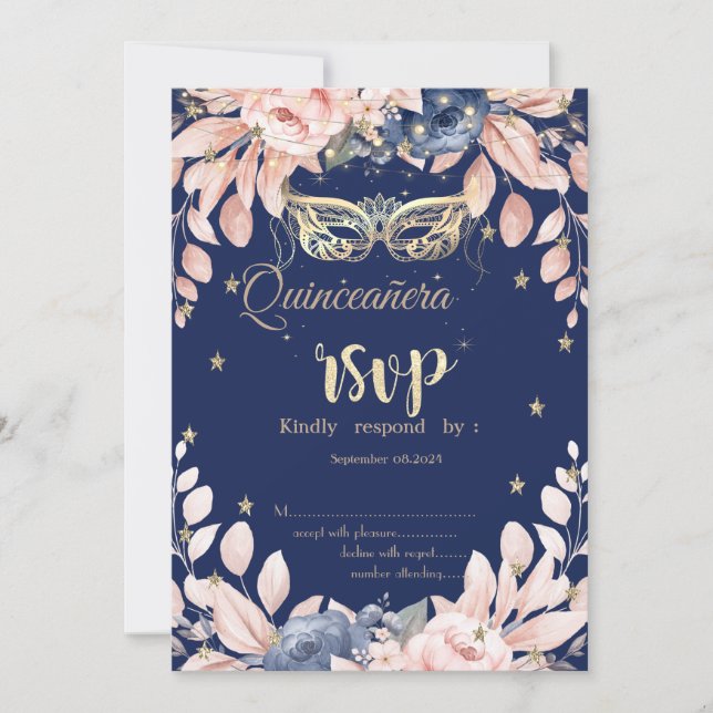 Invitación Mascarada,Estrellas de flores azules RSVP (Anverso)