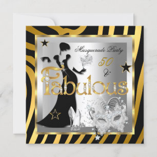 Invitación Mascarada Fabuloso 50 Cebra Dorado Plateado Negro