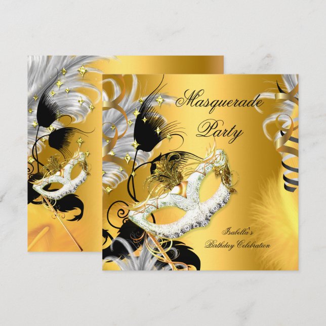 Invitación Mascarada Fiesta Birday Mask Black Gold (Anverso / Reverso)