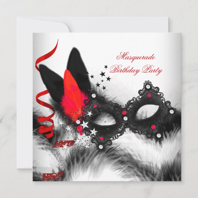 Invitación Mascarada Fiesta blanco rojo máscara negra (Anverso)