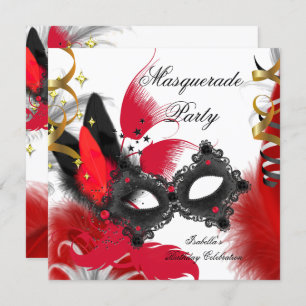 Invitación Mascarada Fiesta Cumpleaños Máscara Roja Blanco Ne