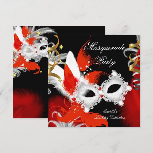 Invitación Mascarada Fiesta Cumpleaños Máscara Roja Blanco Ne (Anverso / Reverso)