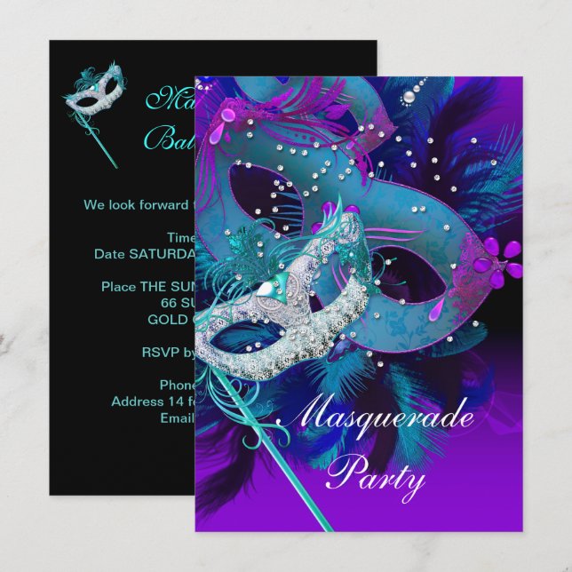 Invitación Mascarada Fiesta de bolas de máscaras Verde azulad (Anverso / Reverso)