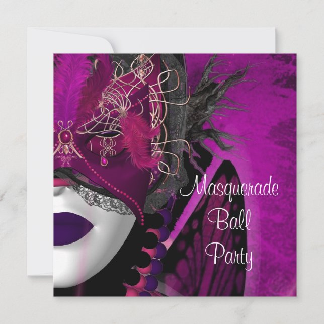 Invitación Mascarada Fiesta de bolas Máscara Negro Chica Púrp (Anverso)