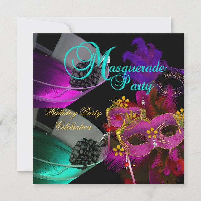 Invitación Mascarada Fiesta de cumpleaños Máscaras de oro ros (Anverso)