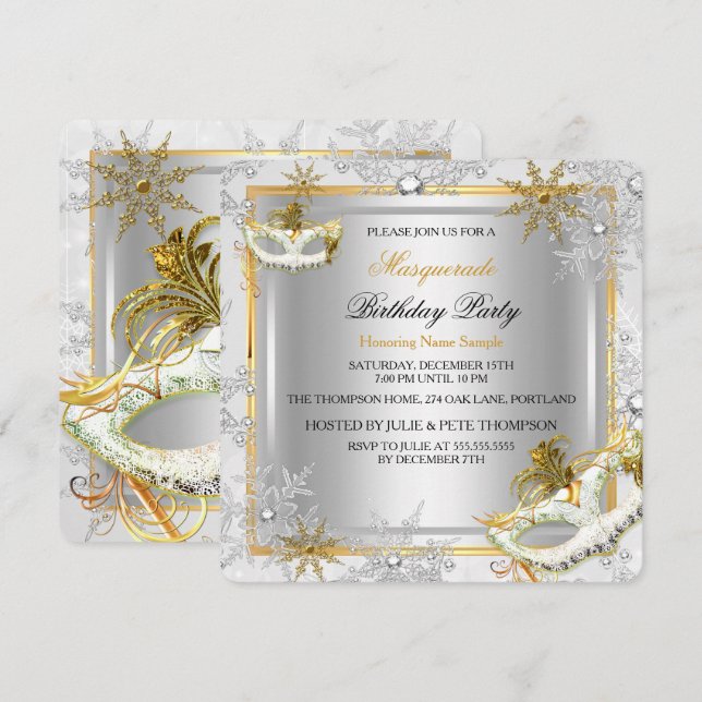 Invitación Mascarada Fiesta de máscaras de nieve de plata dor (Anverso / Reverso)