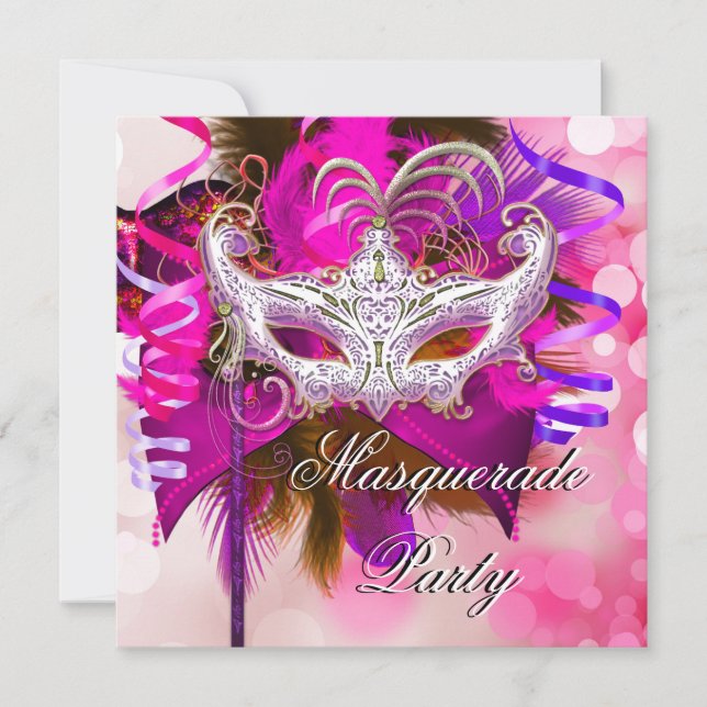 Invitación Mascarada Fiesta Máscara Negro Morado Rosa Mardi G (Anverso)