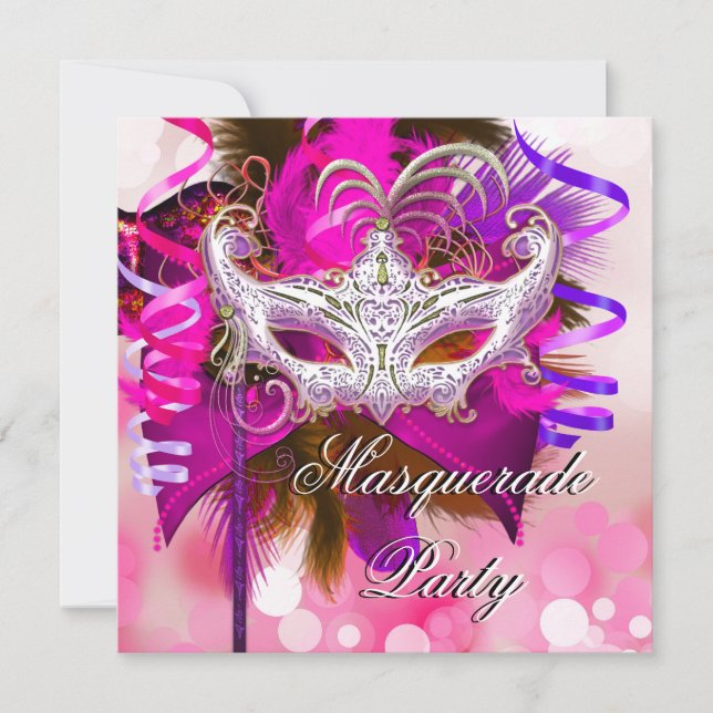 Invitación Mascarada Fiesta Máscara Negro Morado Rosa Mardi G (Anverso)