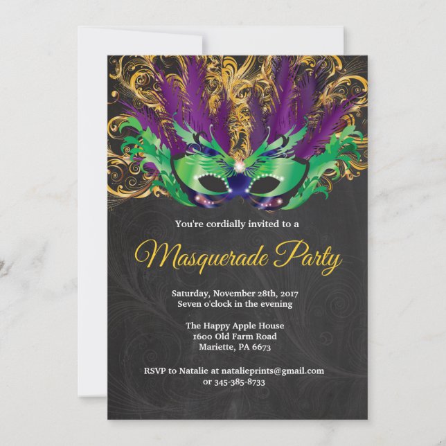 Invitación Mascarada Fiesta Noche mágica Oro Púrpura Verde (Anverso)
