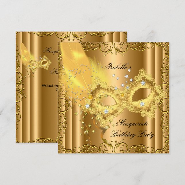 Invitación Mascarada Fiesta Oro Bronce máscara amarilla (Anverso / Reverso)
