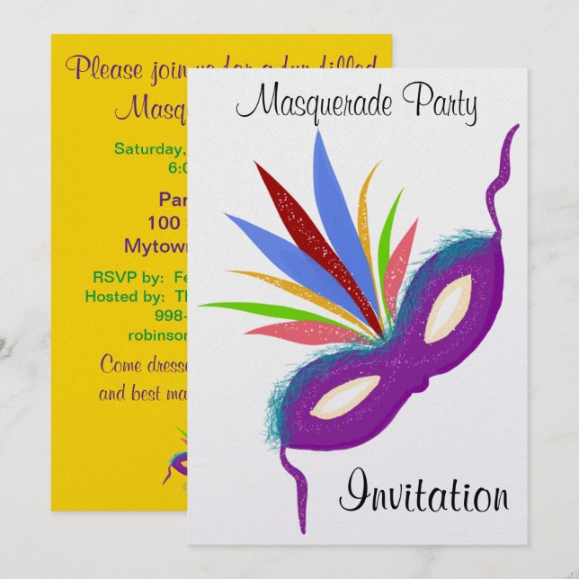 Invitación Mascarada Fiesta Purple Feathered Mask (Anverso / Reverso)