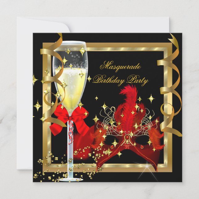 Invitación Mascarada Fiesta Red Gold Mask Champagne (Anverso)