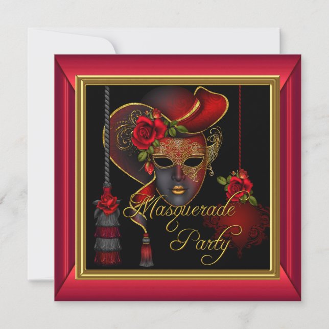 Invitación Mascarada Fiesta Rojo Máscaras Doradas Nacimiento  (Anverso)