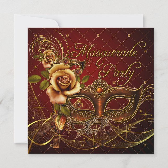 Invitación Mascarada Fiesta Rojo Máscaras Doradas Nacimiento  (Anverso)